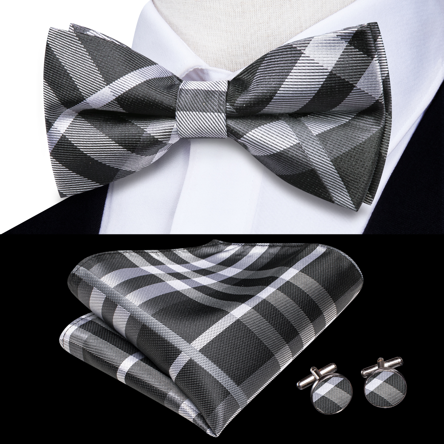 Hi-Tie Grey Plaid Jacquard Pre - Bow Tie Pre Tied avis et prix